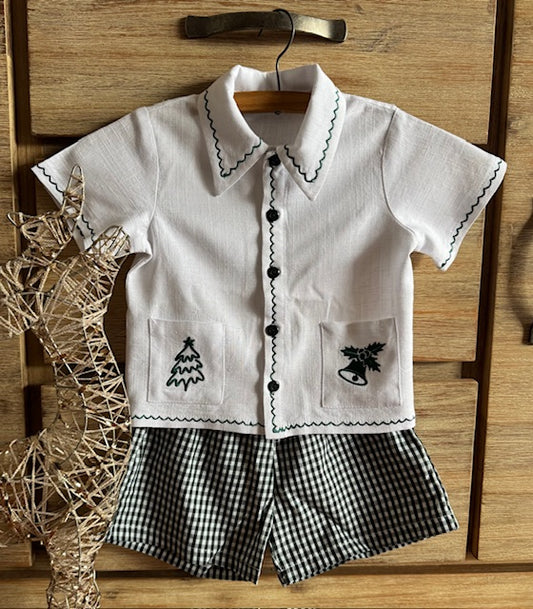 Embroidered Christmas Set White Linen & Check Green Shorts
