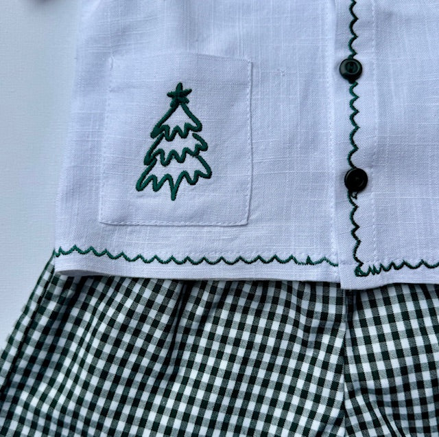 Embroidered Christmas Set White Linen & Check Green Shorts