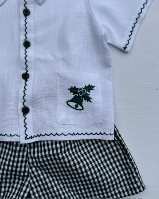 Embroidered Christmas Set White Linen & Check Green Shorts