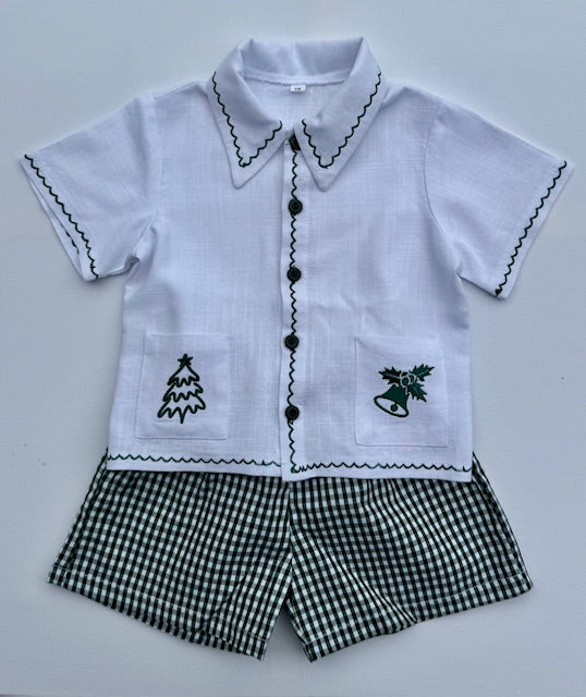 Embroidered Christmas Set White Linen & Check Green Shorts